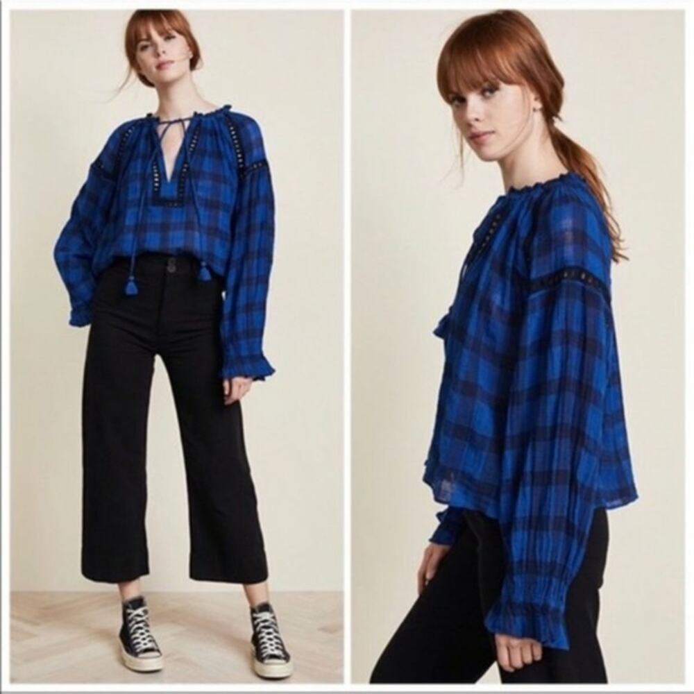 Free People Honey Grove Plaid Top Gauze Bell Sleeve Pleated Blouse in Black Blue - Picture 2 of 10